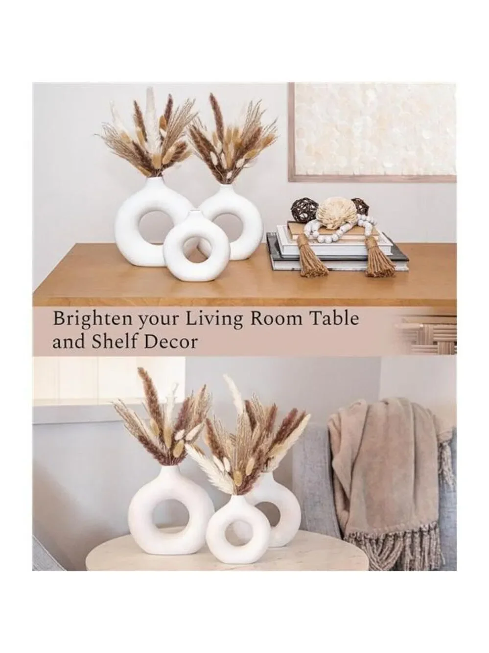 White Ceramic Vases with Dried Pampas Grass Set Home Decor Boho Room Gift